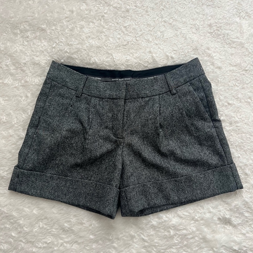 Express Black and Gray Herringbone Wool-blend Cuffed Shorts with Leopard size 0